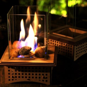Tabletop Glass Fireplace, Gifts for him! 2 sizes: Warm up your patio & heart with this lantern, add some light, and even roast S'mores, too!
