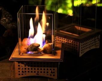 Tabletop Glass Fireplace, Unique Gift! 2 sizes: Warm up your patio & heart with this lantern, add some light, and even roast S'mores, too!