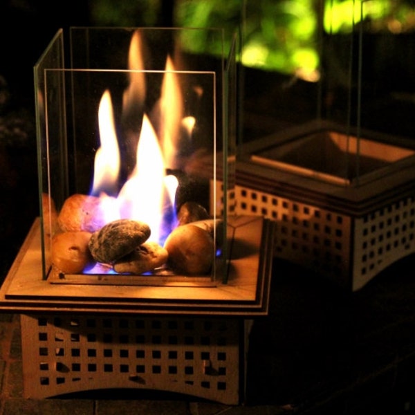 Tabletop Glass Fireplace, Unique Gift! 2 sizes: Warm up your patio & heart with this lantern, add some light, and even roast S'mores, too!