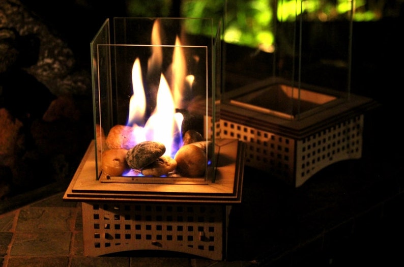 Tabletop Glass Fireplace, Unique Gift 2 sizes: Warm up your patio & heart with this lantern, add some light, and even roast S'mores, too image 1