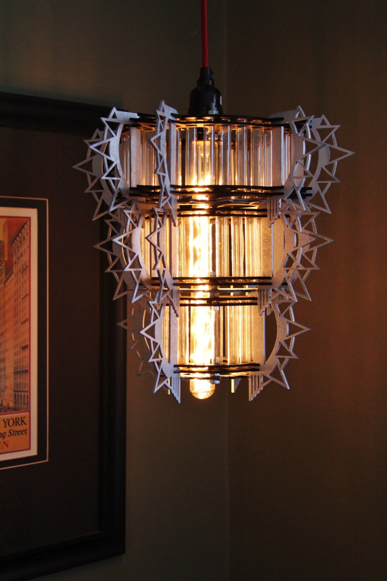 Art Deco Style 3D puzzle Hanging Lamp Kit. Test tubes and lasercut wooden pieces build this model image 4