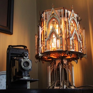 The Cathedral, Gothic Style Architecture, 3D Puzzle Wood Sculpture Lamp. Perfect Gift for Dad or Boyfriend image 1