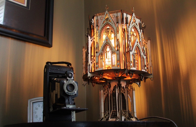 The Cathedral, Gothic Style Architecture, 3D Puzzle Wood Sculpture Lamp. Perfect Gift for Dad or Boyfriend! 