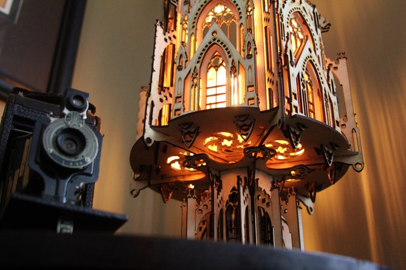 The Cathedral, Gothic Style Architecture, 3D Puzzle Wood Sculpture Lamp. Perfect Gift for Dad or Boyfriend image 5