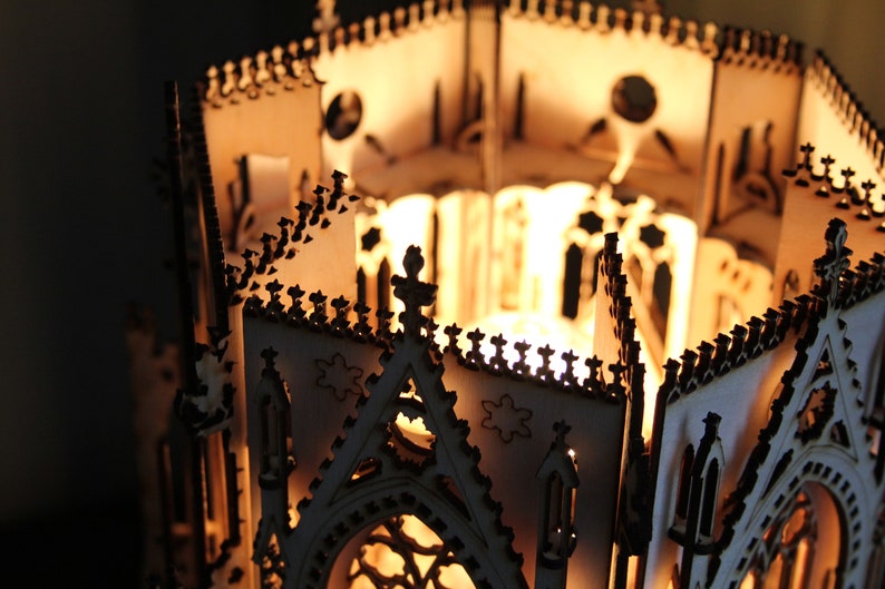 The Cathedral, Gothic Style Architecture, 3D Puzzle Wood Sculpture Lamp. Perfect Gift for Dad or Boyfriend image 6