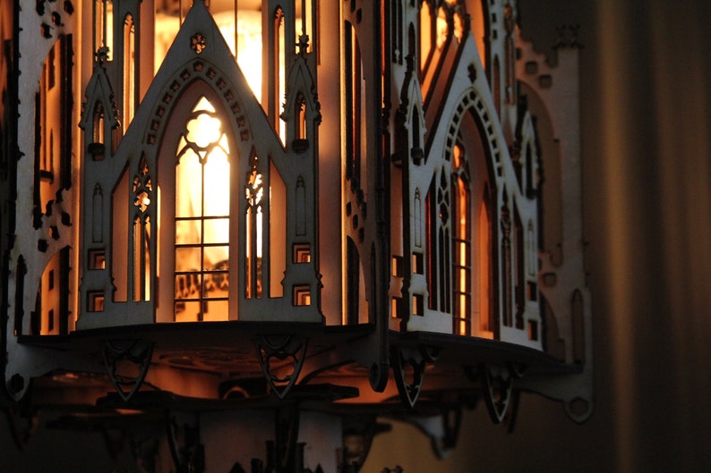 The Cathedral, Gothic Style Architecture, 3D Puzzle Wood Sculpture Lamp. Perfect Gift for Dad or Boyfriend image 3