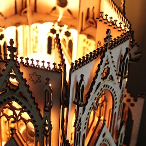 The Cathedral, Gothic Style Architecture, 3D Puzzle Wood Sculpture Lamp. Perfect Gift for Dad or Boyfriend image 4