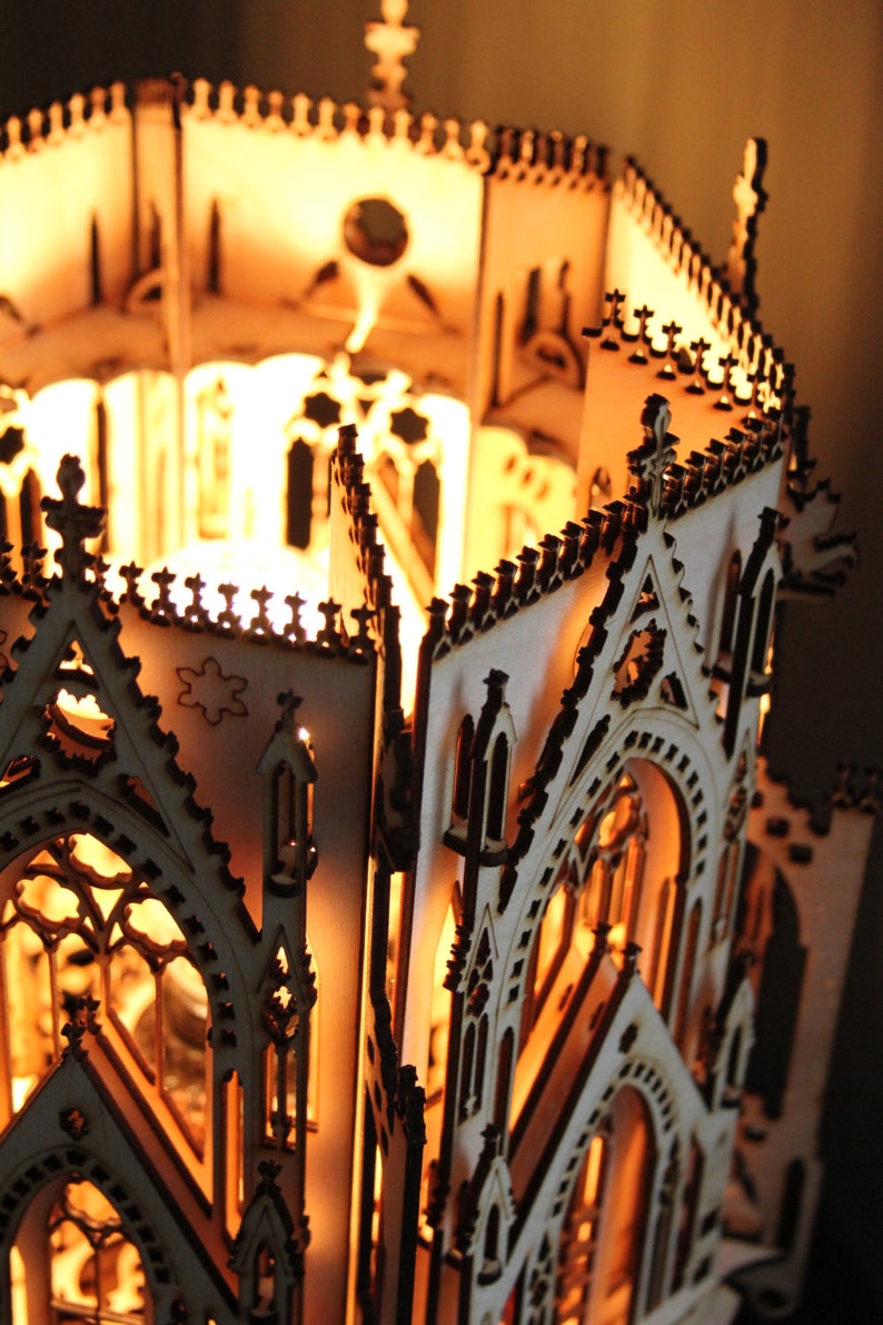 The Cathedral, Gothic Style Architecture, 3D Puzzle Wood Sculpture Lamp. Perfect Gift for Dad or Boyfriend image 4