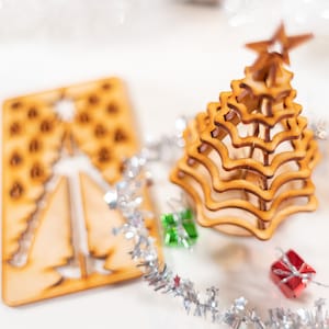 Christmas Tree Kit. Miniature Wooden desktop tree made from a single punch card. 3D puzzle for the home or office. Decoration contest, too!