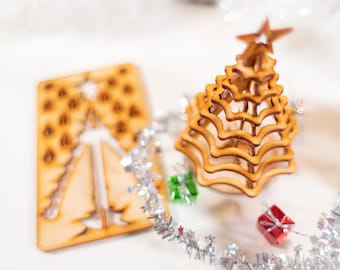 Christmas Tree Kit. Miniature Wooden desktop tree made from a single punch card. 3D puzzle for the home or office. Decoration contest, too!