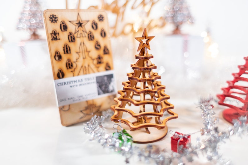 Christmas Tree Kit. Miniature Wooden desktop tree made from a single punch card. 3D puzzle for the home or office. Decoration contest, too image 4