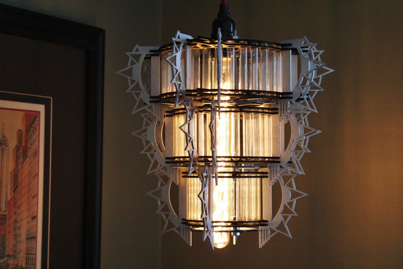 Art Deco Style 3D puzzle Hanging Lamp Kit. Test tubes and lasercut wooden pieces build this model image 1