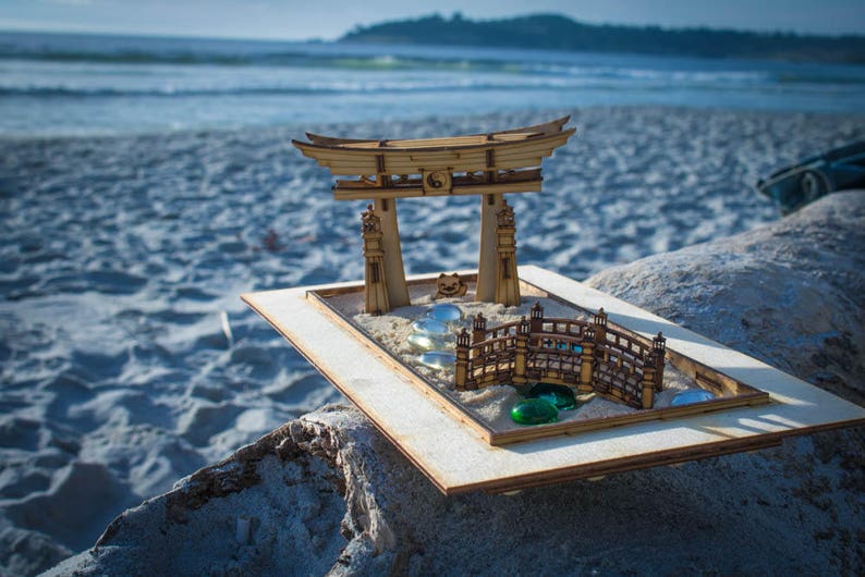 Zen Garden Japanese Meditation Kit. Playset of 6 pieces, plus the sandbox option. Shinto Gate, Rake, Bridge, Lantern, and Lucky Kitty too image 3