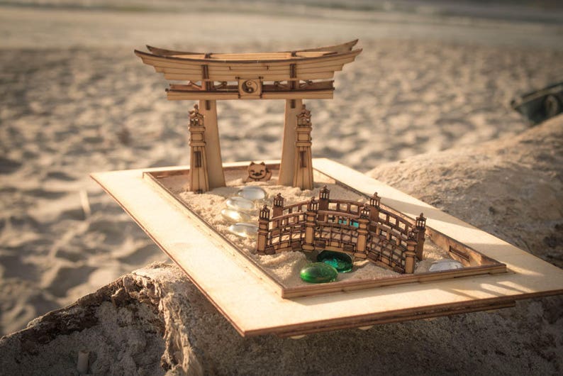 Zen Garden Japanese Meditation Kit. Playset of 6 pieces, plus the sandbox option. Shinto Gate, Rake, Bridge, Lantern, and Lucky Kitty too image 5