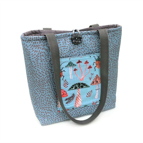 Handbag with mushrooms, Fall bags and purses, Cute purse with insects bugs, Padded Quilted tote bag, Blue grey cotton bag, Ladies hand bags