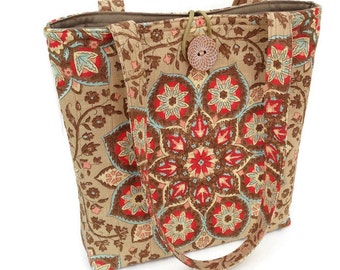 Boho tote bag, Bohemian handbag, Gypsy purse, Brown hand bag, Quilted tote bag, Linen handbag, Printed shoulderbag, Shoulder bag brown