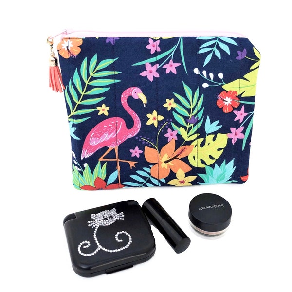 Cute cosmetic bag with flamingos, Makeup purse with flowers, Toiletry bag, Cotton Cloth purse, Zipper pouch, Tassel bag, Small cosmetic bag