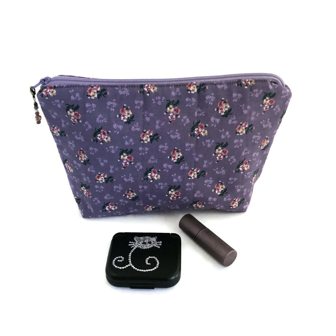 Purple Cosmetic Bag, Cute Makeup Purse, Flower Zipper Pouch, Toiletry Travel Pouch Etsy