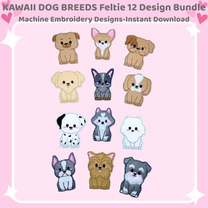 May include: A collection of twelve Kawaii dog breed feltie designs. Each design features a different breed, including a Dalmatian, Husky, and Yorkshire Terrier. The designs are in a variety of colors, including brown, white, gray, and black. Text at the top reads "KAWAII DOG BREEDS Feltie 12 Design Bundle".