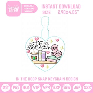 May include: A heart-shaped keychain design with the text "certified Bookworm" and illustrations of books, a coffee cup, and a cute worm. The design is 2.90 x 4.05 inches and is a digital file for machine embroidery.