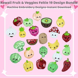 May include: A collection of 19 kawaii feltie designs featuring fruits and vegetables, each with a smiling face. Designs include an apple, kiwi, lemon, raspberry, potato, mushroom, banana, and more. The text "Kawaii Fruit & Veggies Feltie 19 Design Bundle" is at the top.