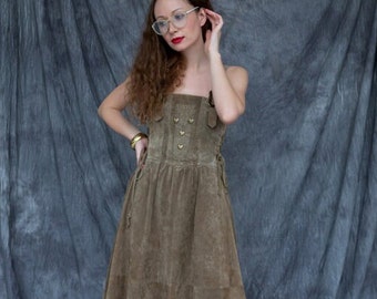 Vintage Olive Dress with buttons and a wide skirt / retro dress / 90s  / 00s / olive dress