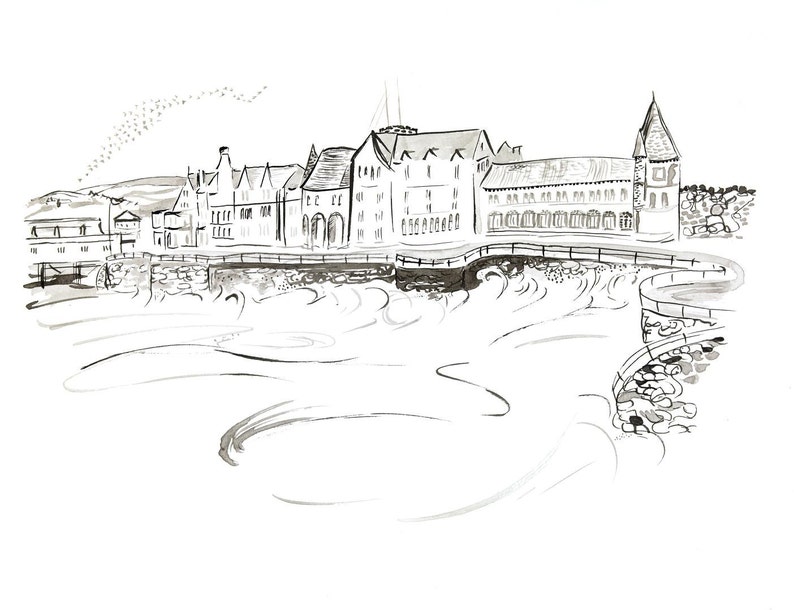 Landscape Pen and Ink painting of Aberystwyth, The Old College
