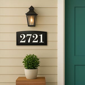 House Number Sign with Arched Profile: Horizontal Outdoor Plaque in Black