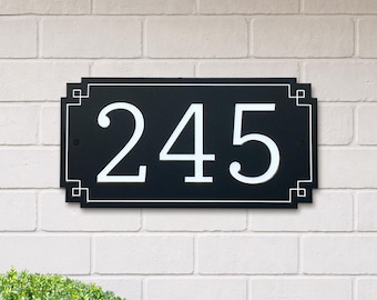 House Number Sign with Deco Border: Horizontal Outdoor Plaque in Black