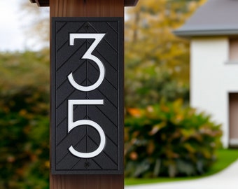 Modern House Numbers Address Sign - Black with White Numbers - Vertical Plaque 3.5"W - Mailbox Post Sign