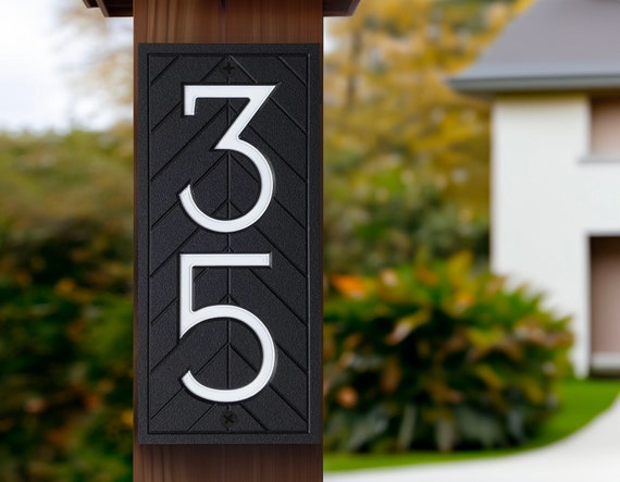 Mailbox Sign with Herringbone Pattern: Black Vertical Address Plaque