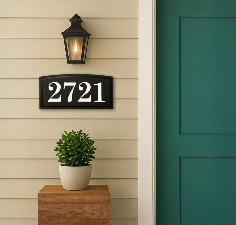 House Number Sign with Arched Profile: Horizontal Outdoor Plaque in Black image 1