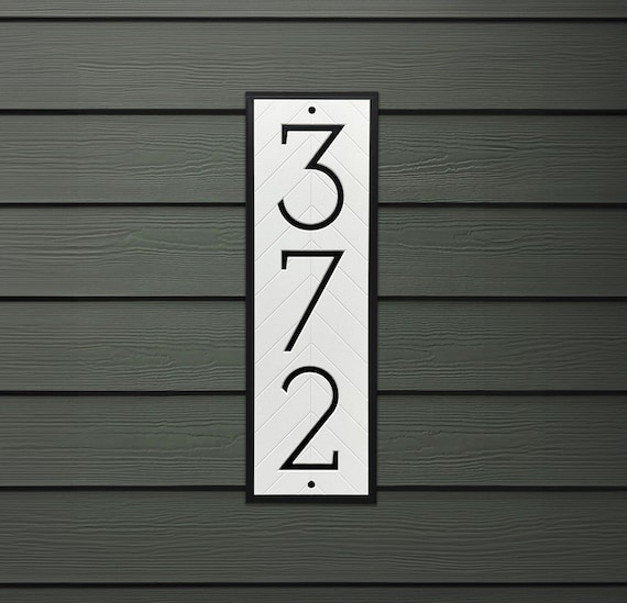House Number Sign with Herringbone Pattern: Vertical Outdoor Plaque
