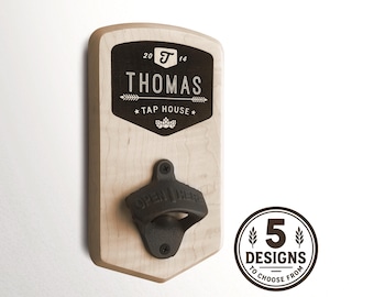 Personalized Wall Bottle Opener - 5 Hardwood Designs