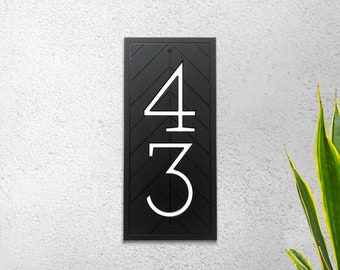 House Number Sign with Herringbone Pattern: Vertical Outdoor Plaque in Black