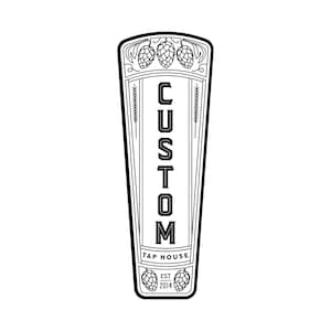 May include: Black and white illustration of a tap handle with the word "CUSTOM" in large letters and "TAP HOUSE EST 2014" below. The handle is decorated with hops and wheat.