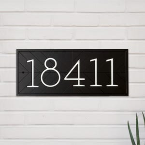 House Number Sign with Herringbone Pattern: Horizontal Outdoor Plaque in Black
