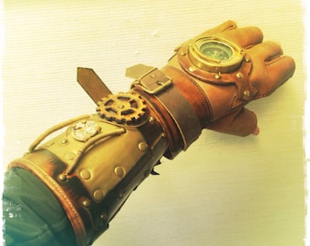 Bracelete de luva com bússola Steampunk de luxo / Punho de couro feito à mão / Bracelete de couro curtido vegetalmente e tingido à mão (SPG045DLX)