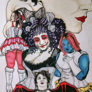 Puede incluir: Una ilustración digital de cinco mujeres que llevan diferentes estilos de corsés. Las mujeres están dibujadas en un estilo de dibujos animados con rasgos exagerados. Los corsés son todos de diferentes colores y patrones. El fondo es blanco.