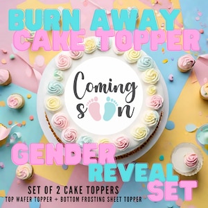 Burn Away Cake Topper Set, Burnaway Wafer Gender Reveal Pre-Cut Edible Cake Topper Decorations - Coming Soon Footprints, Baby Boy, Baby Girl