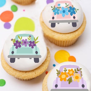 Vintage Truck Floral Edible Cupcake Topper Decorations - Set of 12 Toppers