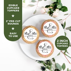 Wedding Edible Cupcake Topper Decorations, Custom Pre-Cut Edible Image, Personalized Topper Decal, Bridal Shower Monogram Cupcake Topper
