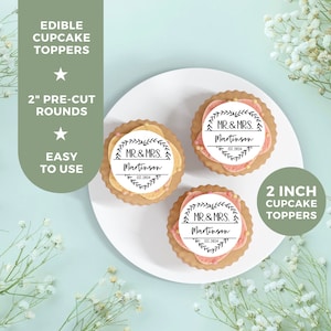 Wedding Edible Cupcake Topper Decorations, Custom Pre-Cut Edible Image, Personalized Topper Decal, Bridal Shower Heart Cupcake Topper