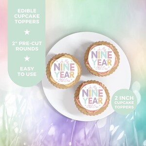 Girl Birthday Pastel Rainbow 9th Birthday Party Nine Ninth Edible Cupcake Topper Decorations - Set of 12 Toppers