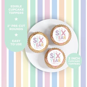 Girl Birthday Pastel Rainbow 6th Birthday Party Six Sixth Edible Cupcake Topper Decorations - Set of 12 Toppers