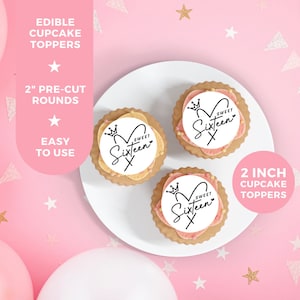Birthday Sweet 16 Edible Cupcake Topper Decorations, Pre-Cut Edible Image, Cupcake Topper Decal, Sixteen Birthday Milestone Cupcake Topper