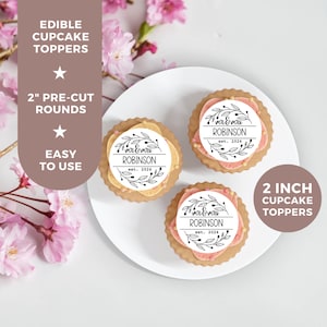 Wedding Edible Cupcake Topper Decorations, Custom Pre-Cut Edible Image, Personalized Topper Decal, Bridal Shower Greenery Cupcake Topper