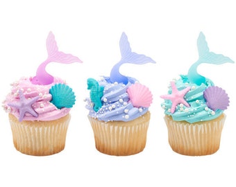 Mermaid Tails Wrap Rings Under the Sea Party Cupcake Topper Rings - Set of 12