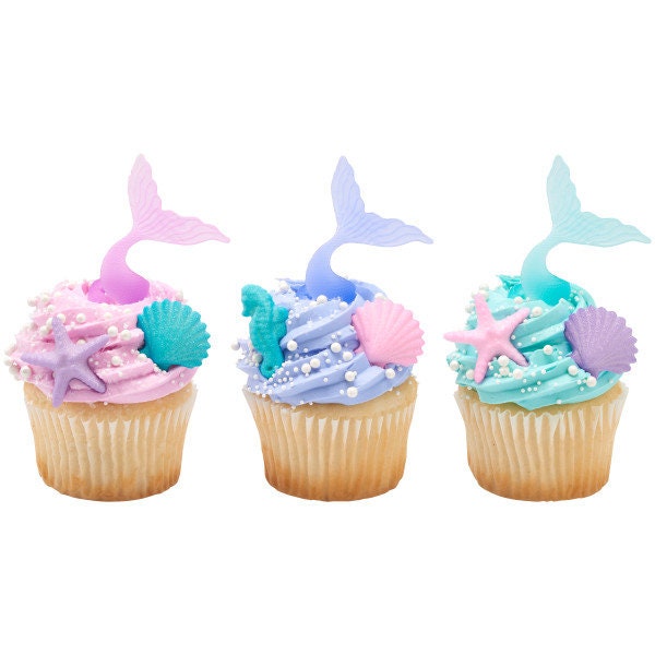 Mermaid Tails Wrap Rings Under the Sea Party Cupcake Topper Rings - Set of 12