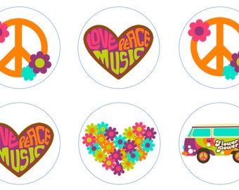 Retro Hippie Edible Cupcake Topper Decorations - Set of 12 Toppers